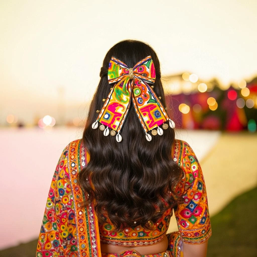 Model wearing Oh Kittu Rangrez Navaratri bow at a festive dandiya event